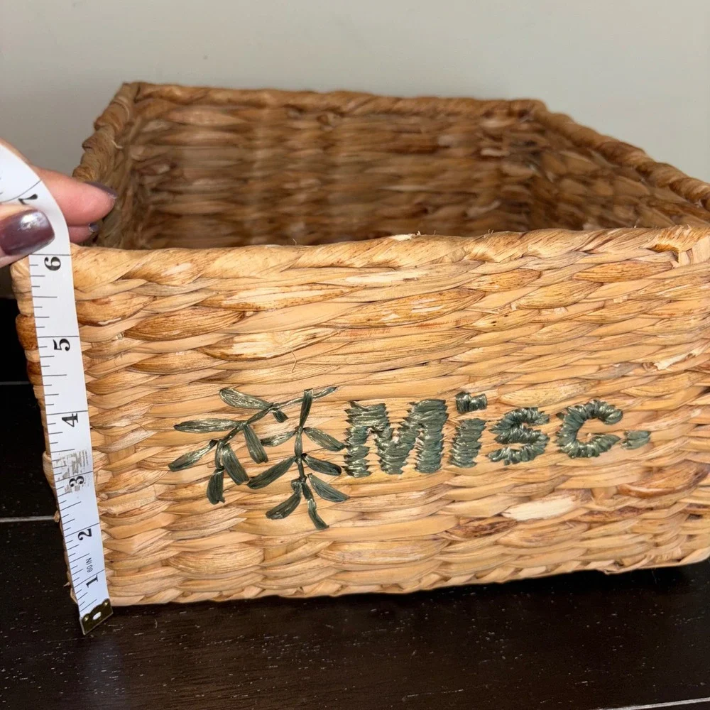Natural‎ Woven Storage Basket | Embroidered Misc Label | Rustic Home Decor